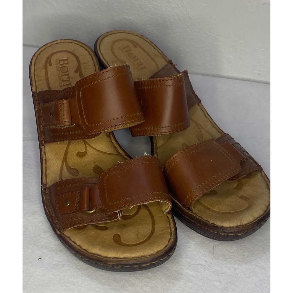Born Slide Sandals Womens 9 Brown Leather Wedge Adjustable Straps cottagecore